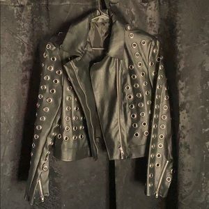 Black pleather grommet moto jacket.
